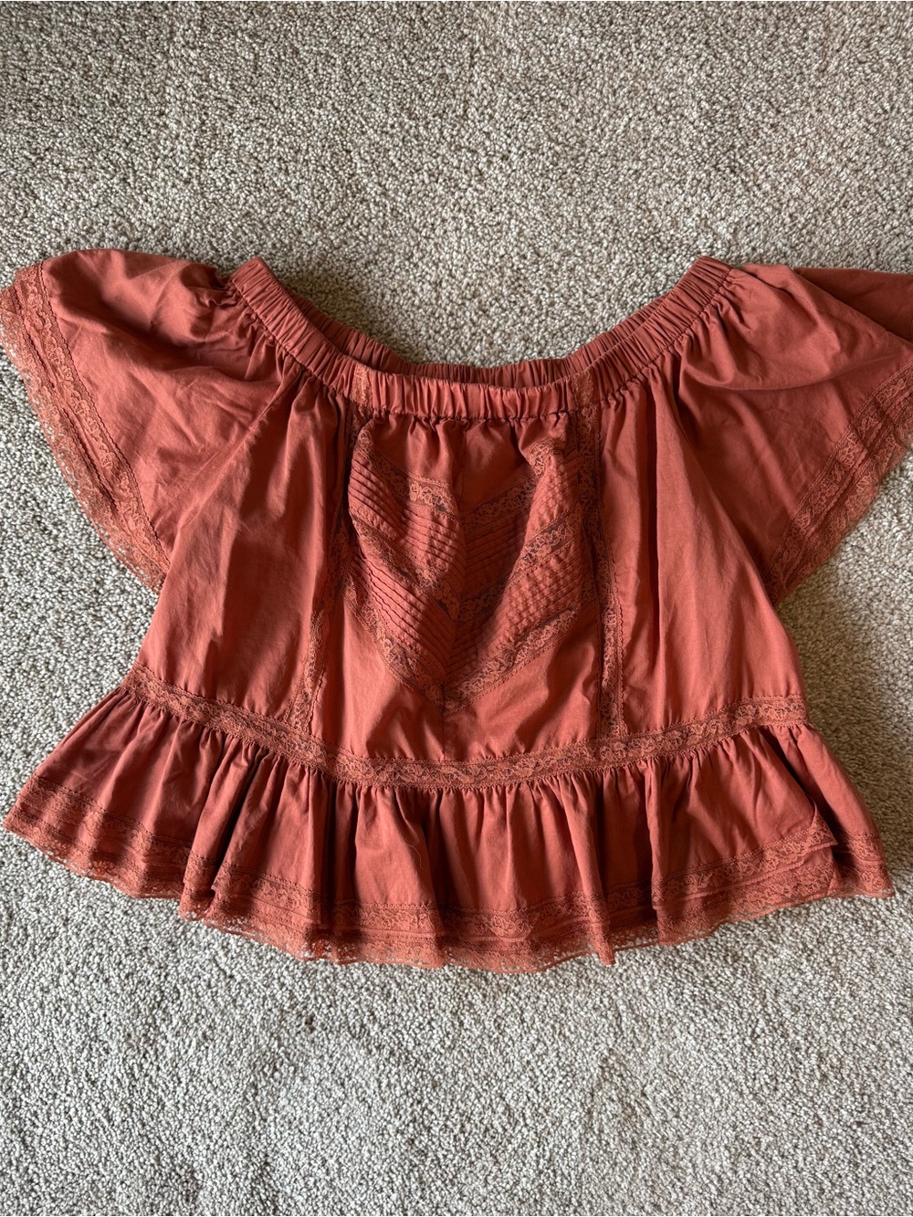Women's Rust Off-Shoulder Peasant Blouse with Lace Accents
